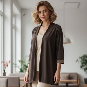 Chico's  Brown Liquid Knit Open Front Beaded Trim Cardigan/ Topper